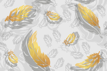 various gray and luxury gold feathers - seamless vector pattern

