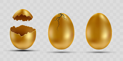 Set of golden eggs with broken shells. - obrazy, fototapety, plakaty