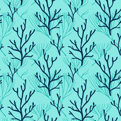 Vector seamless sea style patterns with corals and seaweeds. Abstract seamless background.