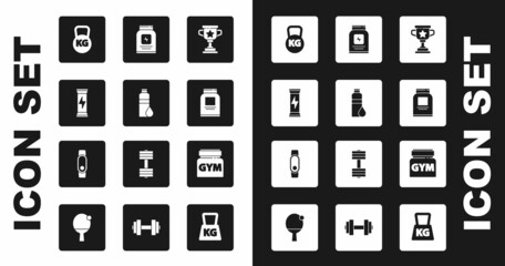 Set Award cup, Fitness shaker, Sports nutrition, Kettlebell, and Smartwatch icon. Vector