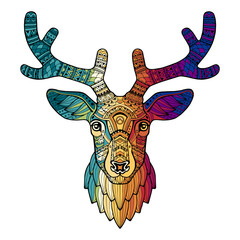 Deer's head. Coloring ornamental Deer. Head with horns. Drawn by hand. Multicolor. Abstract patterned wild animal. Cartoon style. Boho, Doodle, Zentangle design illustrations