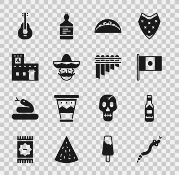 Set Snake, Tabasco sauce, Mexico flag, Taco with tortilla, Mexican man sombrero, house, guitar and Pan flute icon. Vector