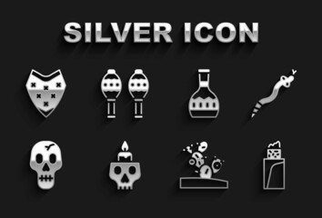 Set Burning candle on a skull, Snake, Burrito, Cactus, Skull, Tequila bottle, Poncho and Maracas icon. Vector