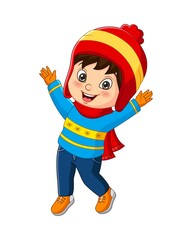 Cartoon little boy wearing winter clothes