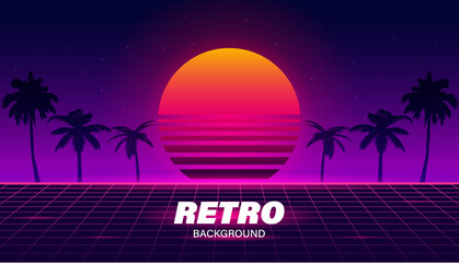 Bright banner, poster, background, wallpaper in retro 80s style with modern design elements. Neon light, gradient mesh, geometric shapes. Vintage. 