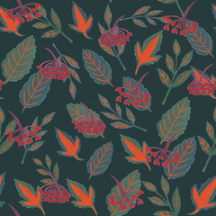 Seamless autumn pattern with berries and leaves on dark background