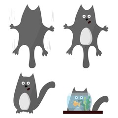 Set of gray surprised cats. A cute cat watching a goldfish. The cat falls from the wall. Illustrations are suitable for postcards, prints.