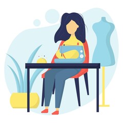 Illustration of a seamstress. Flower girl sews on a sewing machine. Dressmaker's workplace.