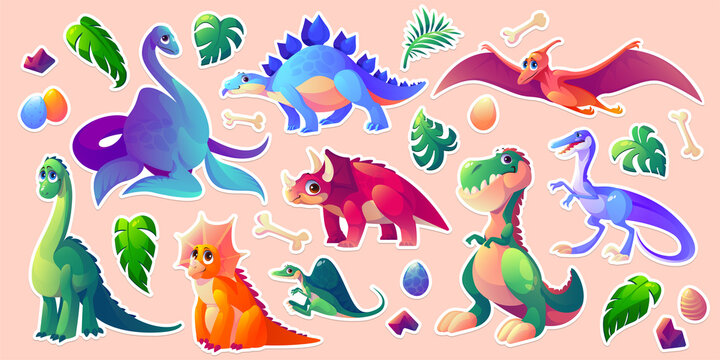 Dinosaurs stickerpack, dino cartoon characters set © klyaksun
