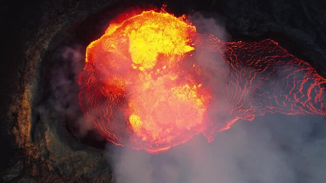 Close look on volcano. Incredible aerial of the dramatic volcanic eruption of the Fagradalsfjall (Geldingadalur) volcano in Reykjanes peninsula Iceland. Flowing lava. Drone footage.