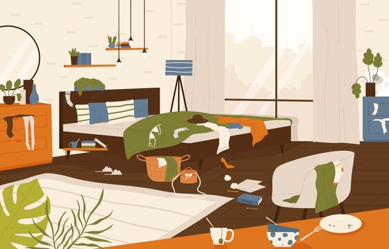 Messy bedroom in modern style with bed, desk, chair, trash and clothing scattered on floor. Household chaos concept. Flat cartoon vector inhouse illustration.