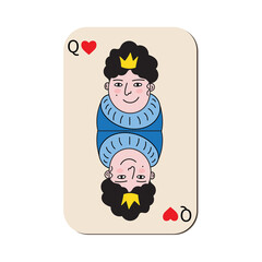 Queen, lady of hearts, playing card, hand drawn in doodle style. Woman with crown, stylization for gambling. Flat, cartoon.Isolated. Vector illustration.