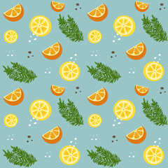 Seamless pattern with citrus decoration. Wallpaper with a pattern of slice orange, lemon and rosemary. Fruit citrus background is for cafes, restaurants, a fabric. Vector.
