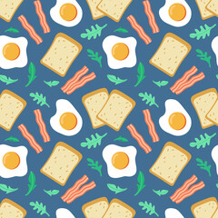 Seamless vector pattern with fried eggs, toast, bacon and arugula. Colored breakfast background for decoration, packaging, web design, etc.