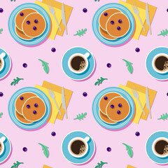 Seamless vector pattern with blue plates, yellow napkins, knife and fork, blueberries, pancakes and black coffee. Pink background with breakfast for decoration, packaging, web design, etc.