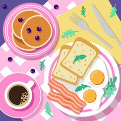 Bright breakfast vector illustration. Fried eggs, bacon, toast and blueberry pancakes on pink plates. Black coffee in a white mug with a saucer. - obrazy, fototapety, plakaty