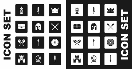 Set Viking in horned helmet, Medieval iron, Antique treasure chest, Crossed medieval spears, sword, Round wooden shield and axes icon. Vector
