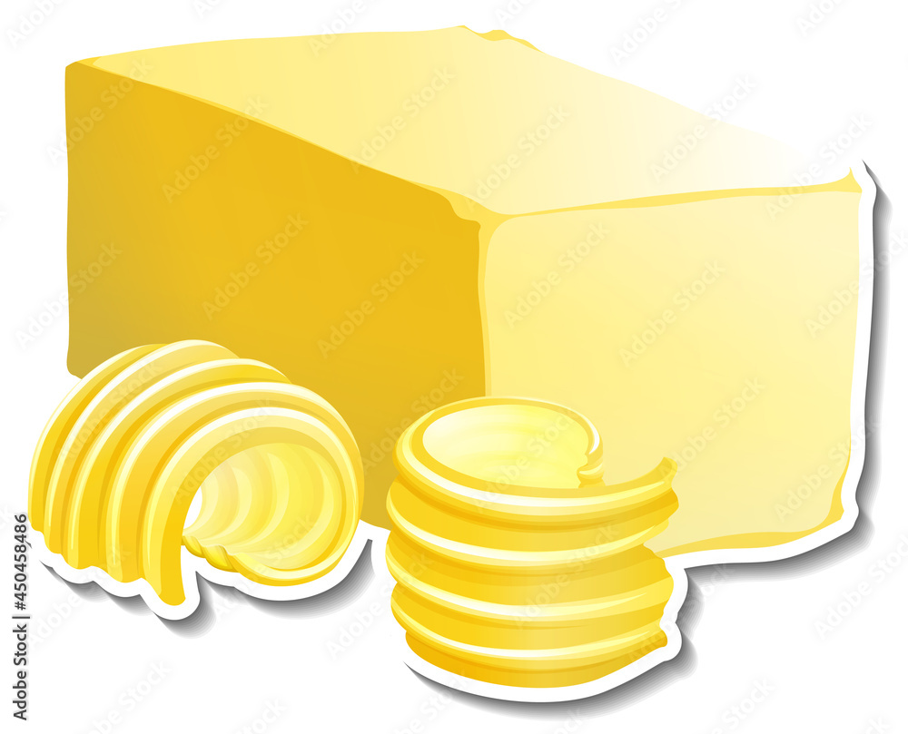 Wall mural bar of butter with butter slice sticker on white background