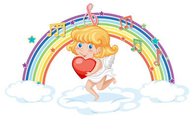 Obraz premium Cupid girl holding heart with melody symbols on rainbow