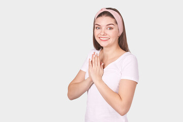 Pretty young woman gesture. Studio portrait. Female person. Isolated background. Morning bathroom...