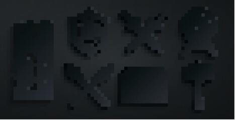 Set Antique treasure chest, Target with arrow, Crossed medieval spears, Hammer, sword and Shield icon. Vector