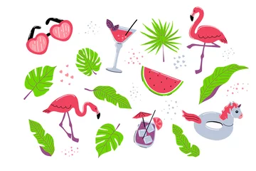 Papier Peint photo Flamingo summer set with flamingos, tropical palm leaves, cocktail drinks, unicorn rubber ring, watermelon and sunglasses. stock vector illustration isolated on white background.