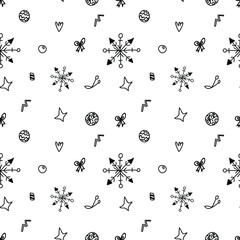 Vector seamless pattern with Scandinavian style snowflakes in black line on white isolated background.Winter,nordic,holiday hand drawn doodle style print.Designs for textiles,wrapping paper,packaging.