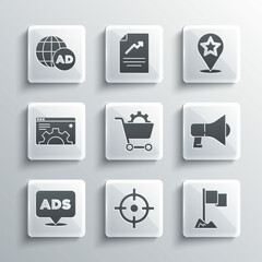 Set Target sport, Location marker, Megaphone, Shopping cart, Advertising, Browser setting, and Map pointer with star icon. Vector