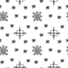 Vector seamless pattern with Scandinavian style snowflakes in black line on white isolated background.Winter,nordic,holiday hand drawn doodle style print.Designs for textiles,wrapping paper,packaging.