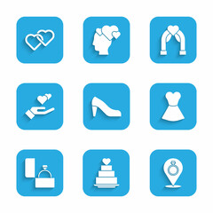 Set Woman shoe, Wedding cake with heart, rings, dress, Diamond engagement, Heart hand, arch and Two Linked Hearts icon. Vector