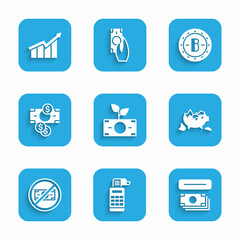 Set Money plant in the pot, Cash register machine, ATM and money, Broken piggy bank, No, Stacks paper cash, Bitcoin and Financial growth increase icon. Vector