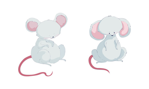 Cute funny mouse characters set. Lovely well fed mice sitting on floor cartoon vector illustration
