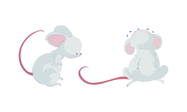 Cute funny mouse characters set. Lovely amusing little mice sitting and crying cartoon vector illustration
