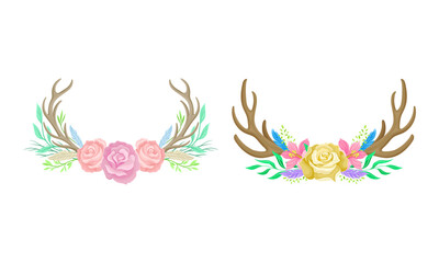 Fototapeta na wymiar Horns with flowers set. Deer antlers with beautiful rose flowers, boho chic style design element cartoon vector illustration