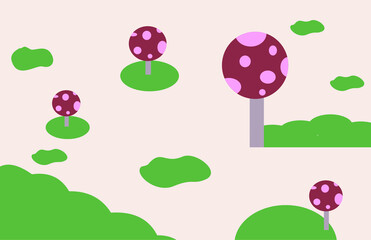 Vector nature theme, green grass and red three like as a mushroom for children background
