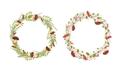 Wreath of leaves and mushrooms set. Beautiful rustic round autumn wreaths. Invitation, greeting card, banner decor design vector illustration