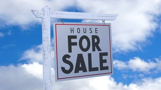 House for sale board, sky in background - real estate offer concept - 3D 4k animation (3840x2160 px).