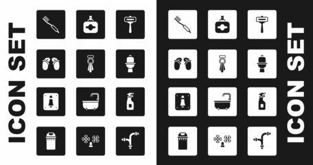 Set Shaving razor, Towel on hanger, Flip flops, Toothbrush, Toilet bowl, Perfume, Cleaning spray bottle and Female toilet icon. Vector