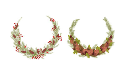 Christmas wreath made of fir tree branches and cones set. Invitation, greeting card, banner decor design vector illustration