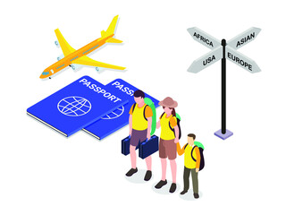 Tourist family with passport, airplane, and continent road sign 3d isometric vector