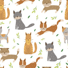 Cat seamless pattern. Cats and leaves isolated on white background. Cartoon funny feline print, vector background. Illustration scandinavian background pet