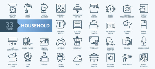 Household appliances - thin line web icon set. Outline icons collection. Simple vector illustration. - 450463490
