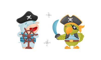Cute little animals pirates set. Funny parrot, hippo sailor characters cartoon vector illustration