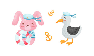 Cute baby animals sailors set. Funny bunny, seagull captain characters cartoon vector illustration