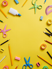 Frame border with school and office equipment on yellow background. Glue, pens, scissors, divider, office accessories and ruler with copy space for text. Creative back to school concept. Flat lay.