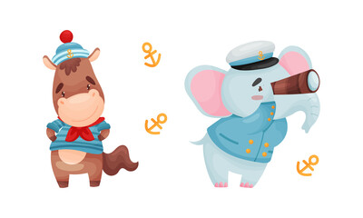 Cute baby animals sailors set. Funny horse, elephant captain characters cartoon vector illustration