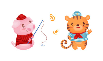 Cute baby animals sailors set. Funny pig, tiger captain characters cartoon vector illustration