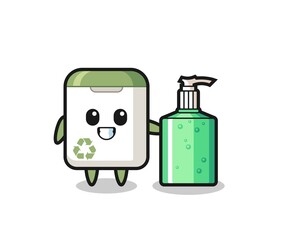 cute trash can cartoon with hand sanitizer