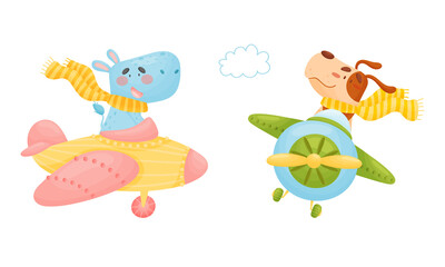 Cute baby animals pilots set. Funny hippo, dog pilot characters flying by airplane cartoon vector illustration
