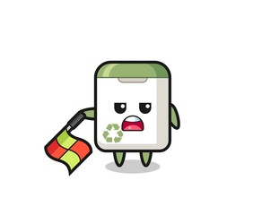 trash can character as line judge hold the flag down at a 45 degree angle